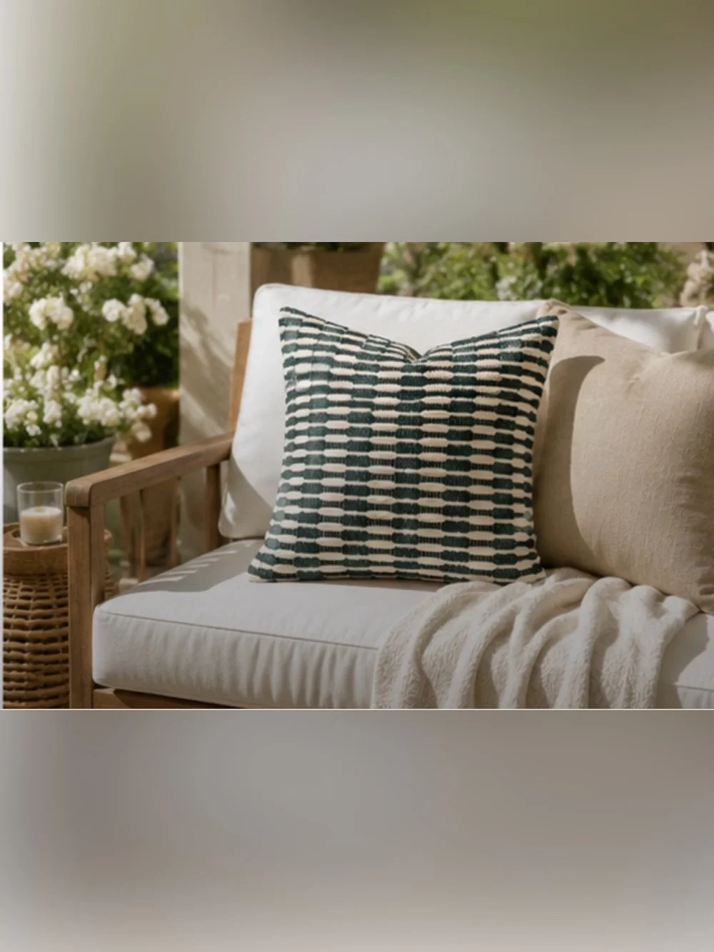 West Elm Cream and Green Woven Decorative Pillow Cover 20”X20”